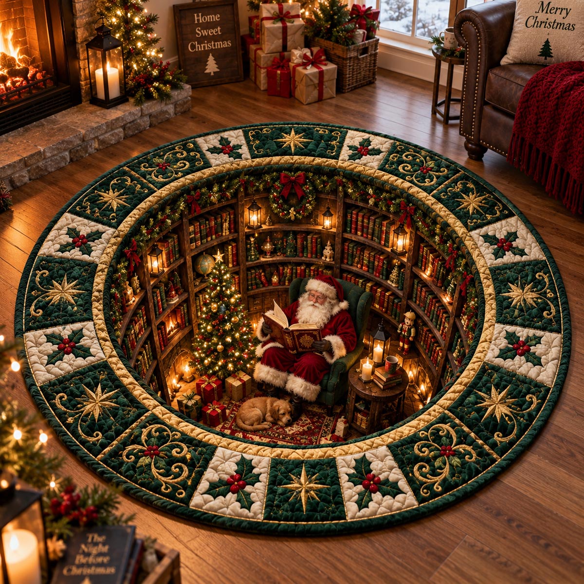 Christmas Library Portal Quilted Round Mat
