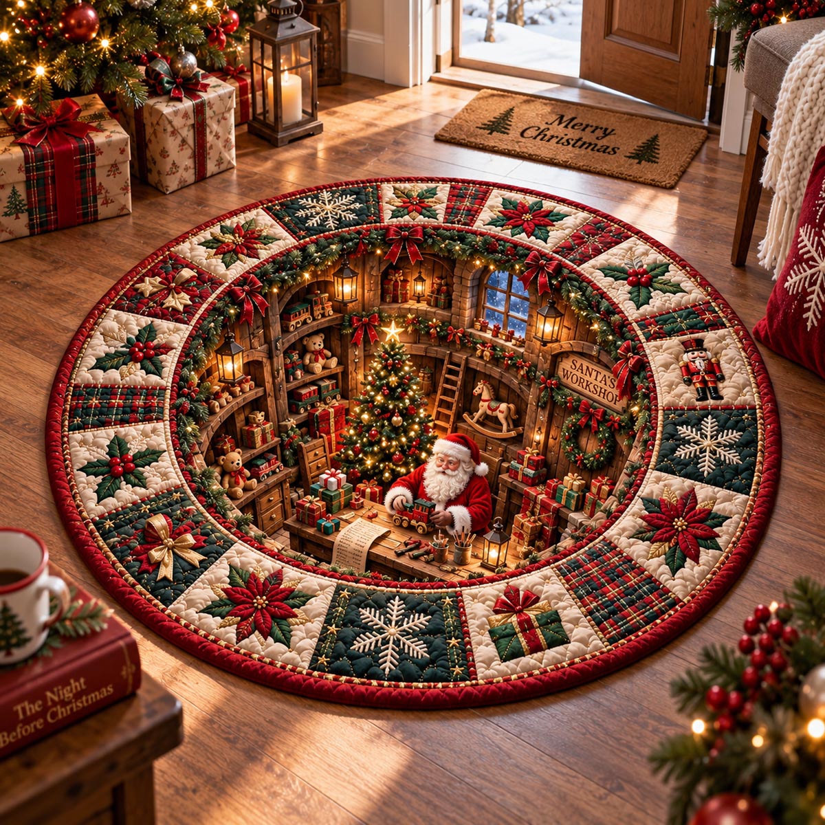Cosy Christmas Library Quilted Round Mat