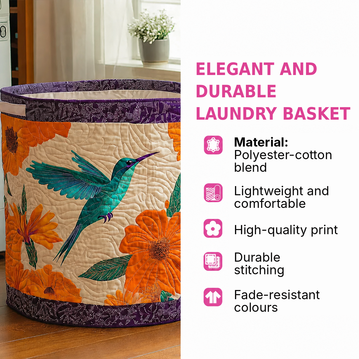 Quilted laundry basket features