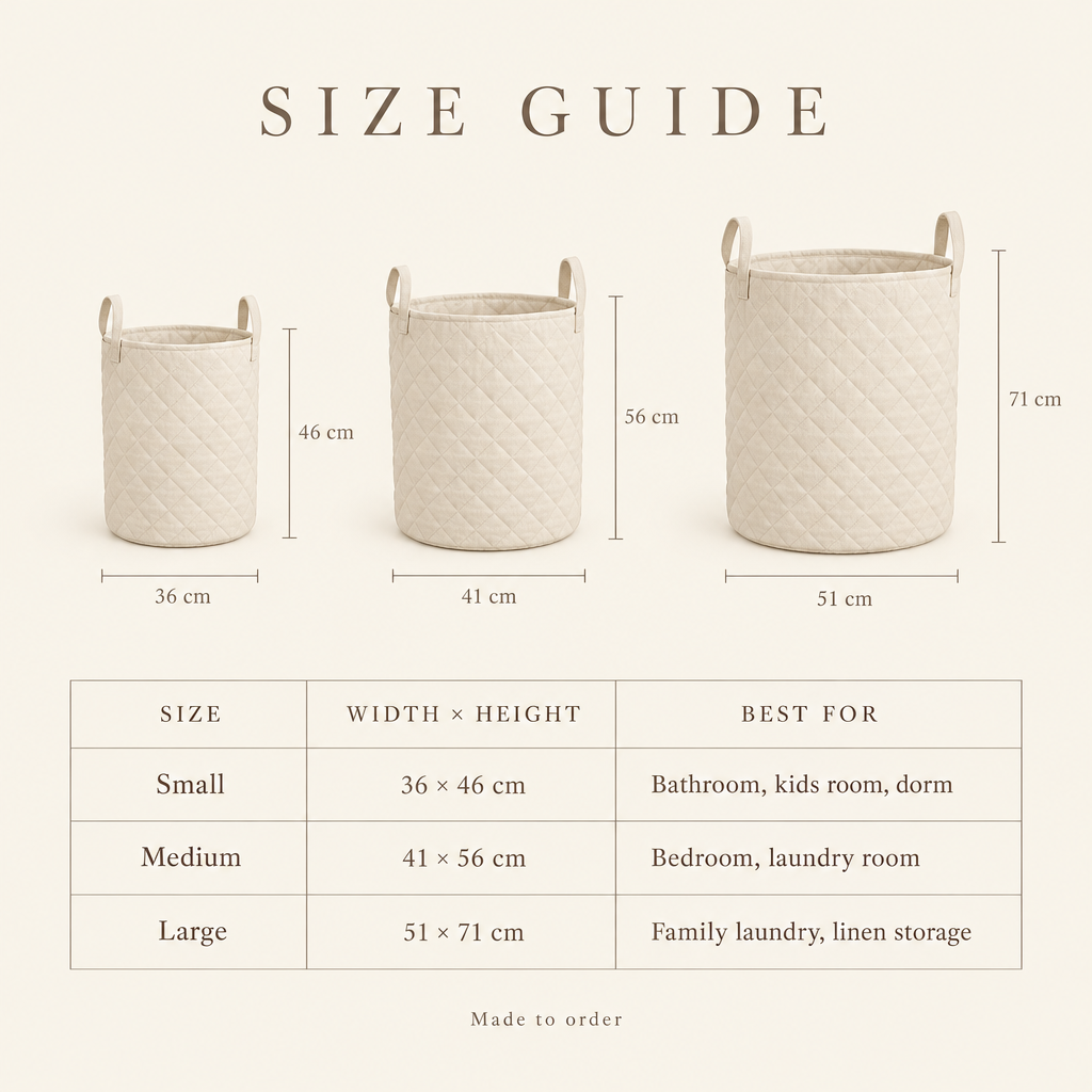 Laundry basket size guide in centimetres: Small 36 x 46 cm, Medium 41 x 56 cm, Large 51 x 71 cm