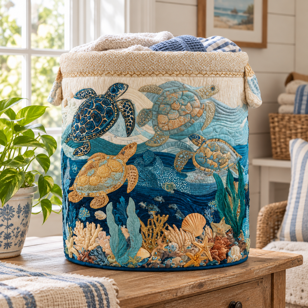 Shell Shine quilted laundry basket by a sunny window with folded laundry
