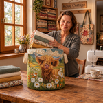 Placing folded towels into the Bloom Highland quilted laundry basket in the Rosie Cottage studio