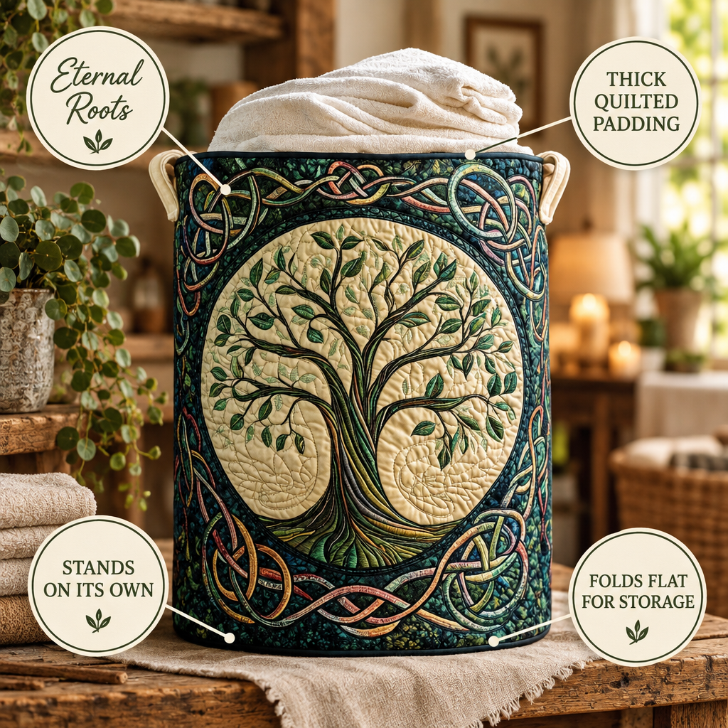 Eternal Roots basket features: thick quilted padding, stands on its own, folds flat for storage