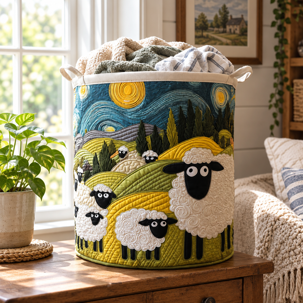 Lamb Meadow quilted laundry basket by a sunny window with folded laundry
