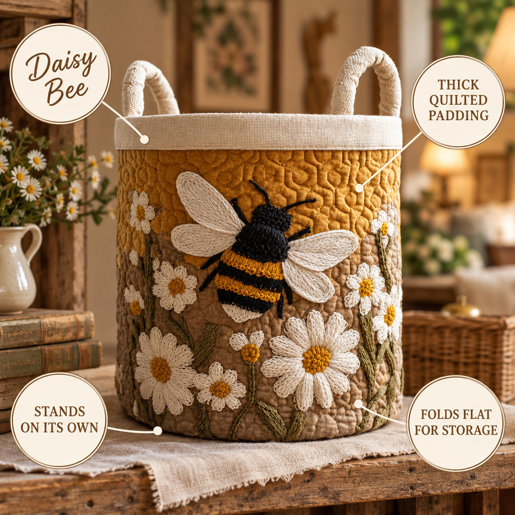 Daisy Bee basket features: thick quilted padding, stands on its own, folds flat for storage