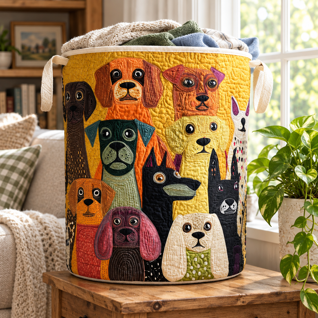 Barkside Magic quilted laundry basket by a sunny window with folded laundry