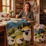 Lamb Meadow quilted panel being stitched in the Rosie Cottage studio