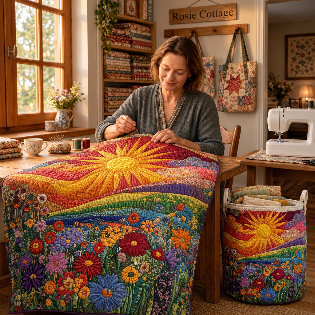 Sunlit Bliss quilted panel being stitched in the Rosie Cottage studio