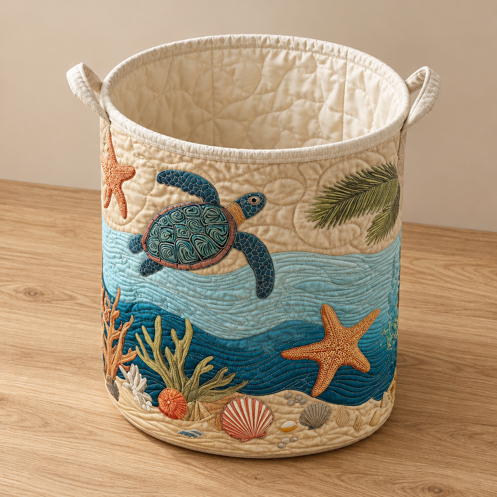 Coastal Harmony quilted laundry basket empty, showing the padded quilted lining
