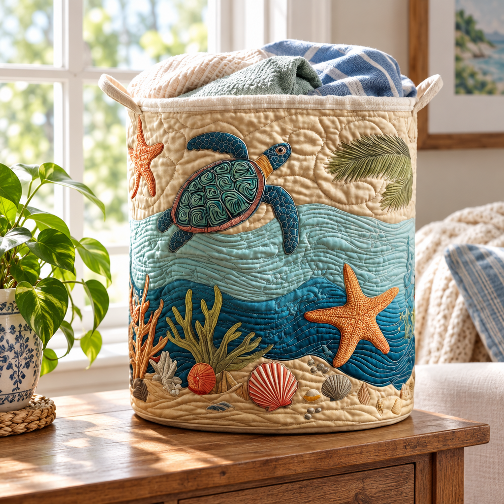 Coastal Harmony quilted laundry basket by a sunny window with folded laundry