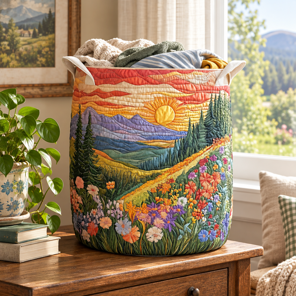 Morning Glory quilted laundry basket by a sunny window with folded laundry