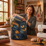Placing folded towels into the Galaxy Cat quilted laundry basket in the Rosie Cottage studio