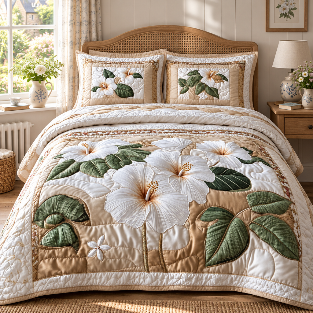 White Hibiscus 3-piece quilted bed set on a double bed in a cosy bedroom