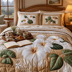 White Hibiscus bed set with a breakfast tray on a rainy afternoon