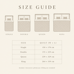 Bed set size guide: Single 150 x 178 cm, Double 175 x 229 cm, Queen 229 x 229 cm, King 264 x 239 cm