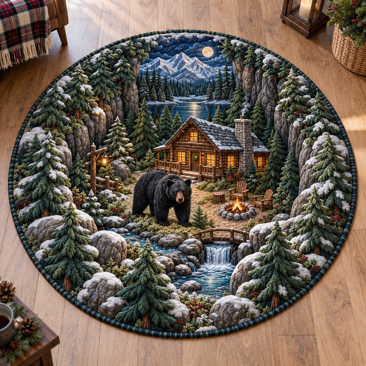 Mountain Bear Lodge Quilted Round Mat