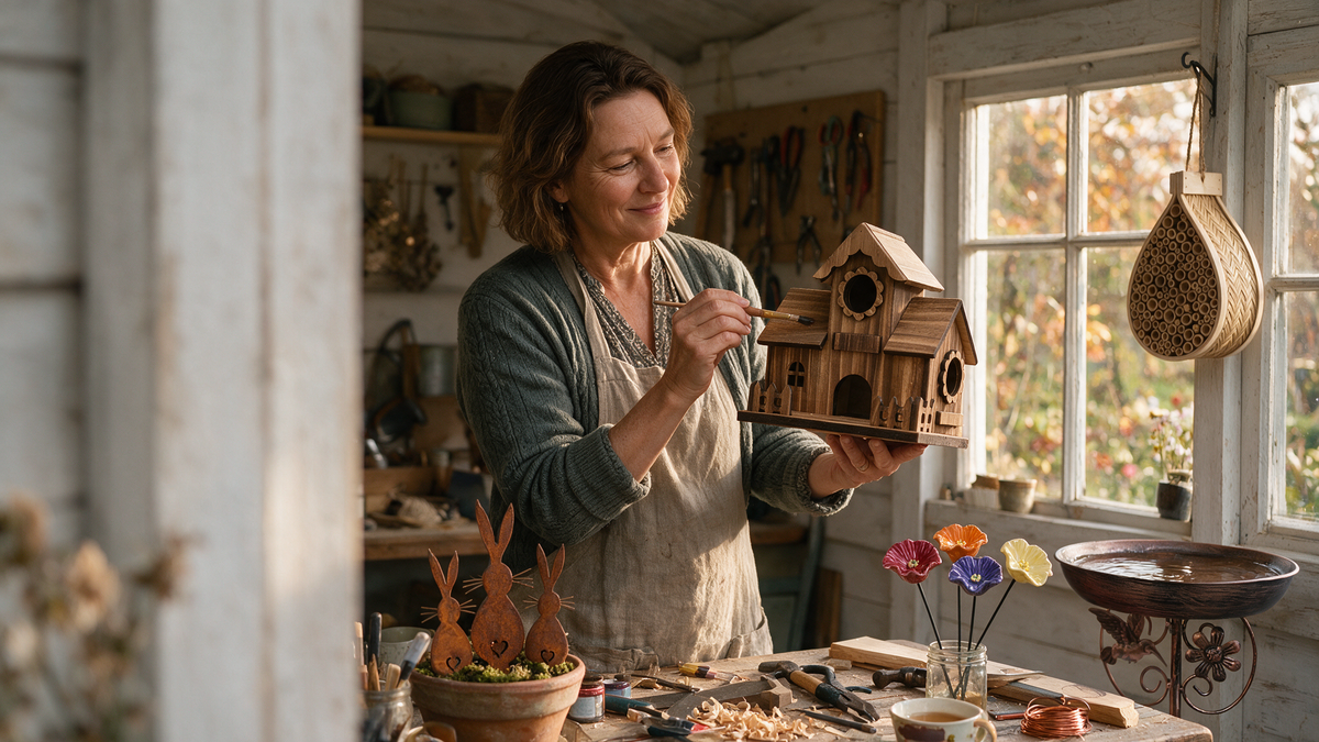 Rosie in her garden workshop finishing a handmade wooden bird house, surrounded by craft tools and garden pieces