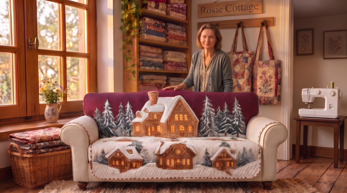 Rosie in her Rosie Cottage workshop standing behind a full-size sofa wearing the Annora Chalet Winters quilted sofa cover