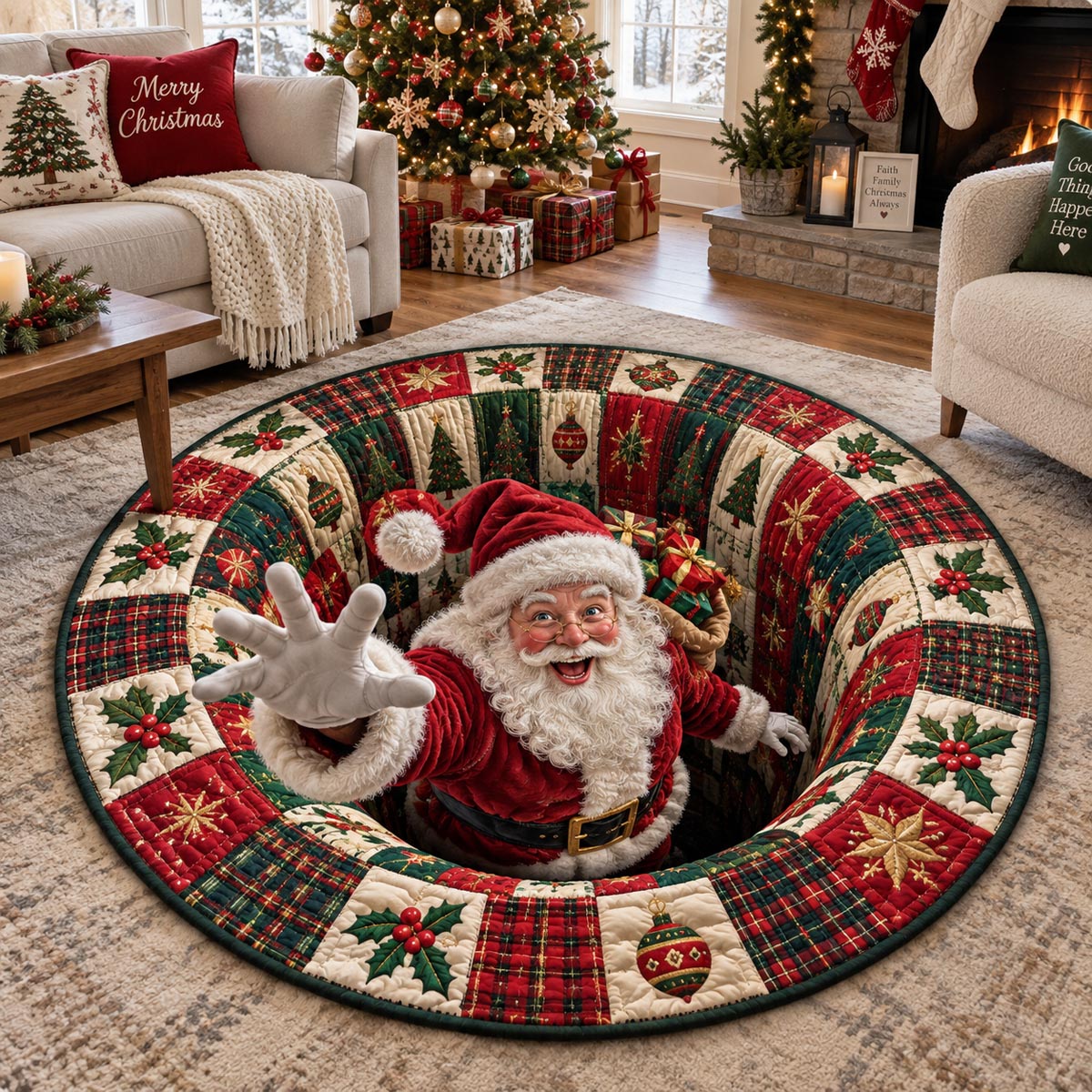 Santa Christmas Portal Quilted Round Mat
