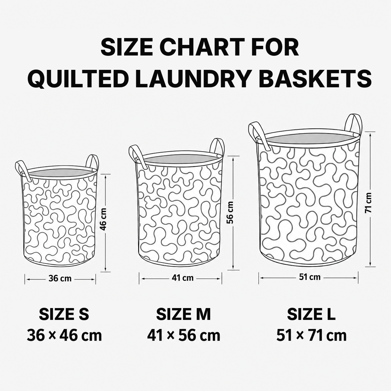 Size chart for quilted laundry baskets