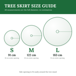 Quilted Christmas tree skirt size guide in centimetres: S 91 cm, M 122 cm, L 183 cm