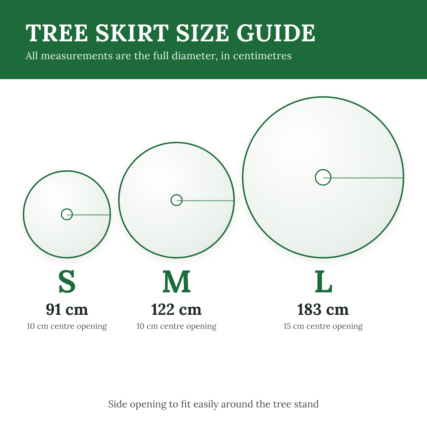 Quilted Christmas tree skirt size guide in centimetres: S 91 cm, M 122 cm, L 183 cm